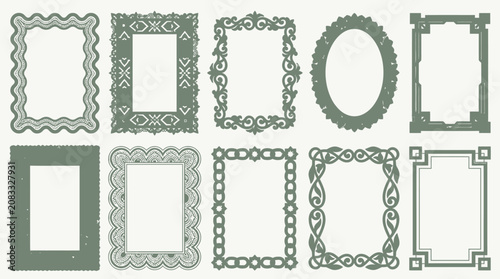 Conjunto de dez molduras decorativas em estilo vintage e clássico com bordas ornamentadas em tons de verde sobre um fundo claro para design gráfico e projetos criativos