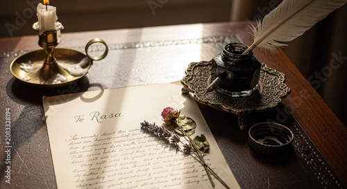 Vintage desk with quill pen, inkwell and old letter.