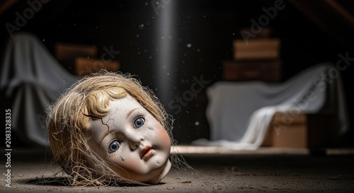Creepy vintage doll head on a dark attic floor.