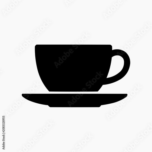 Black silhouette of a coffee cup and saucer on white background  