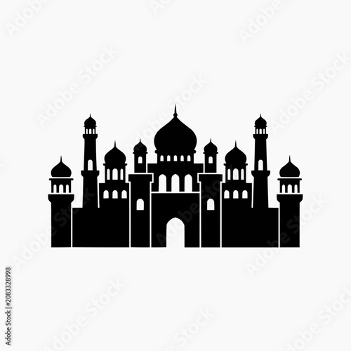 Black silhouette of an ornate palace with domes and towers  