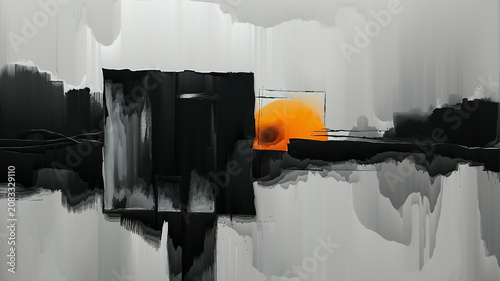Minimalist abstract composition featuring black and white geometric forms with textured brush strokes and a glowing orange sun accent.