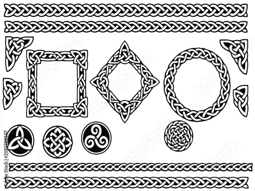 Web Celtic Knot Border Vector Set – Tattoo Style Tribal Frames, Interwoven Chain Borders, Circular Knot Emblems and Seamless Pattern Brush Collection