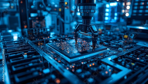 Automated robotic arm precision assembly of advanced computer microchip processor in high tech semiconductor manufacturing facility with glowing blue lighting