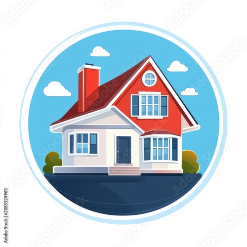 Charming modern house illustration with a red roof and large windows, surrounded by a blue sky and fluffy clouds.
