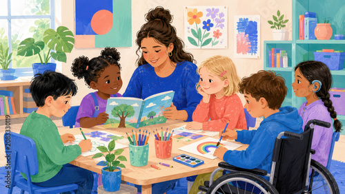 Teacher reading a picture book to a diverse group of inclusive classroom elementary students around a table