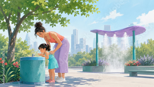 Mother helping her young daughter drink from a public water fountain at an urban park on a sunny day