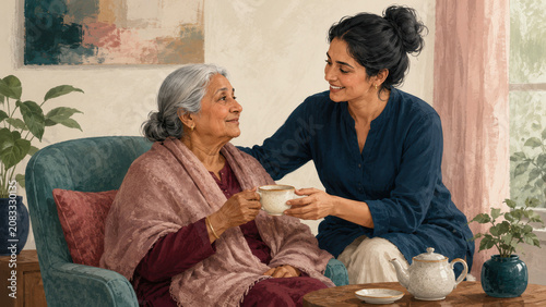 Adult daughter comforting and serving a hot cup of tea to her elderly mother in a cozy living room