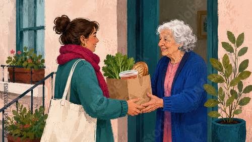 Volunteer delivering a grocery bag of fresh vegetables to an elderly woman at her doorstep