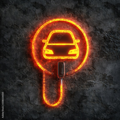 An illuminated neon sign of an electric car with charging cable, highlighting eco-friendly transport solutions.