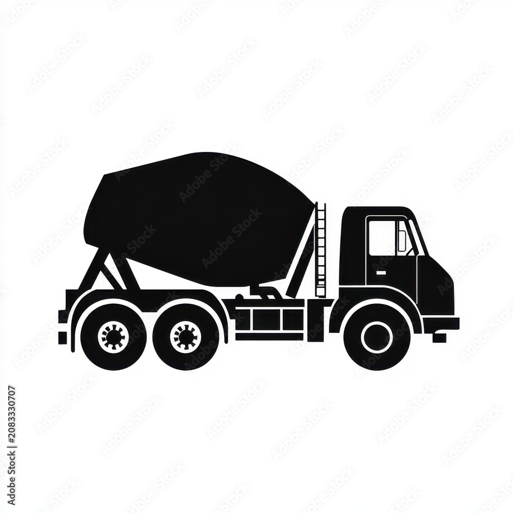 Fototapeta premium Stylized black silhouette of a concrete mixer truck on a white background, symbolizing construction and teamwork.