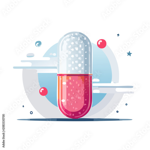 Red and pink medicine capsule with bubbles, flat vector illustration