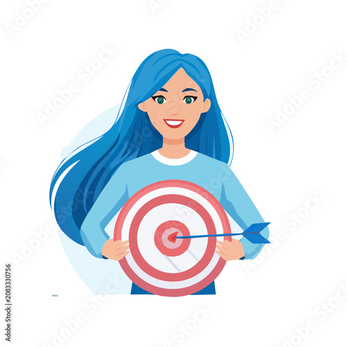 Woman holding target with arrow in flat vector style