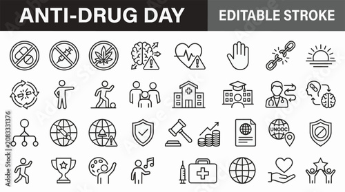 Foto Set of editable stroke anti-drug day related icons in black on white