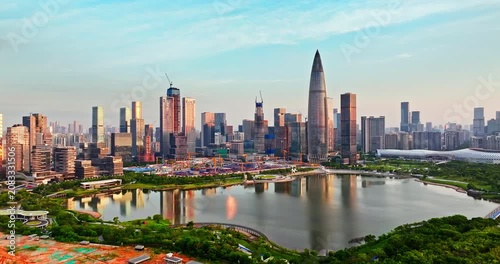Aerial view of modern skyscrapers in the financial district and urban park in Shenzhen, China
