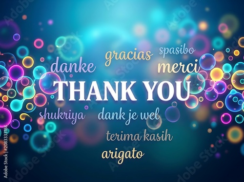 Colorful thank you card with multiple languages and bubbly background design for appreciation messages