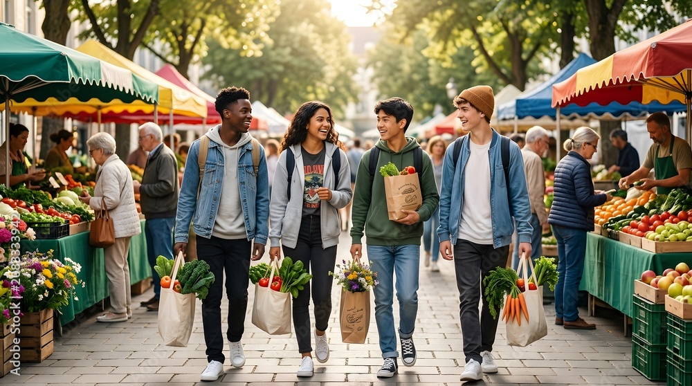 Obraz premium Four friends walk together at an outdoor market with bags of fresh vegetables and flowers. They smile and talk while shoppers browse nearby. The sun shines down in the afternoon