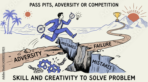 Ambitious entrepreneur leaping over dangerous pits of adversity and competitive risk to avoid failure and costly mistakes using professional skill and strategic motion in a corporate landscape