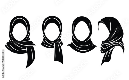 Cuadro en lienzo Collection of elegant black silhouettes of women wearing hijabs, featuring various styles of headscarves for modest fashion and cultural representation