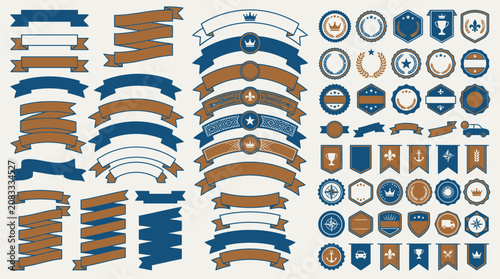 Set di elementi grafici vettoriali con nastri decorativi, etichette rotonde, stemmi araldici e bandiere in stile vintage nei colori blu e marrone su sfondo neutro per design