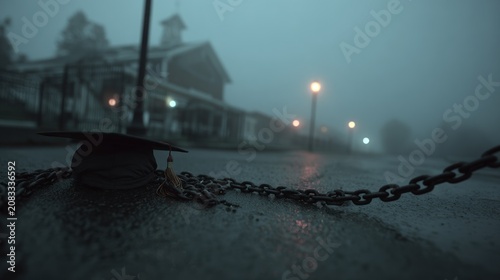 Stormy scene dramatic weather with building and chain in dark environment