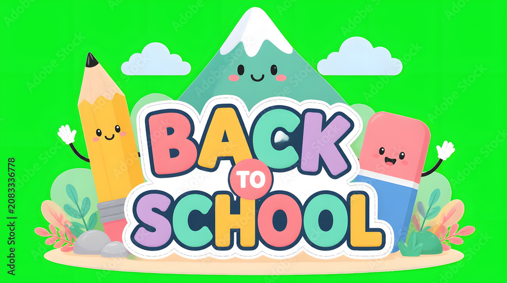 Fototapeta premium Colorful Back to School Title with Friendly Mountain Pencil and Eraser Characters