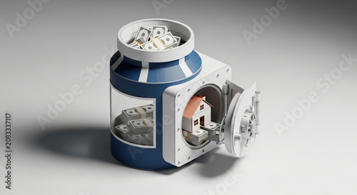 Retirement Savings Jar Combined With Vault For Mortgage Savings Concept