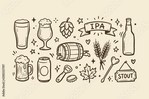 Photos Set of hand drawn beer icons with glasses bottles barrel wheat and hops for brew