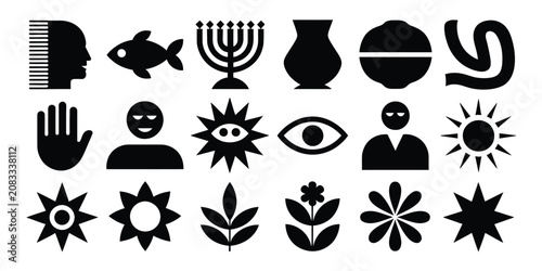 Konstfotografi Abstract minimalist vector icons set featuring fish menorah hand eye sun plants