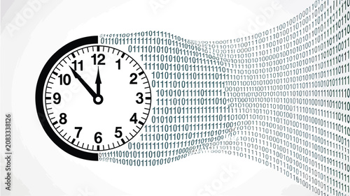 Abstract digital vector concept with clock turning into binary code stream representing data management time technology and cyberspace information flow