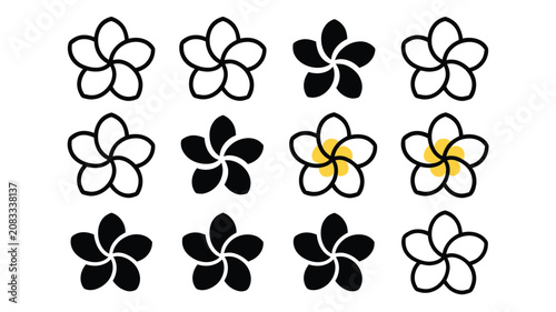 Plumeria frangipani flower icons set featuring black outline solid silhouette and yellow center accents isolated on a white background