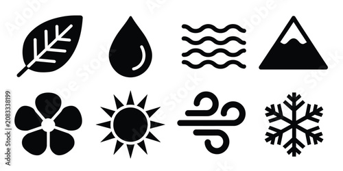 Nature and weather elements line icon set featuring leaf water drop waves mountain flower sun wind and snowflake symbols