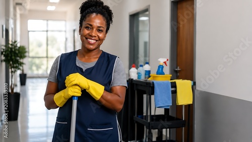 Smiling woman in cleaning uniform with mop and supplies in a modern hallway