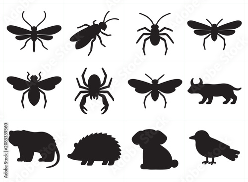 Photography Mixed animal and arthropod silhouette set featuring insects, spider, bird, wild mammals, and domestic animals