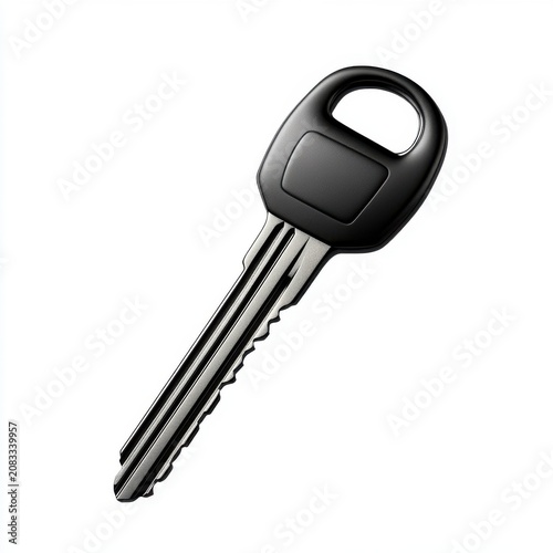Close-up of a modern black car key highlighting sleek design and metallic edges against a white background.