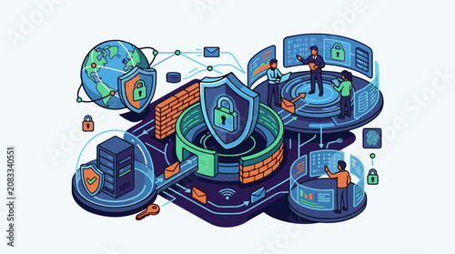 Digital security concept with globe server and team analyzing data