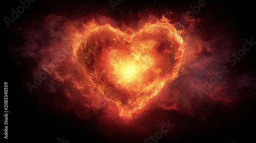 A vibrant, fiery heart bursts forth from a swirling nebula of deep reds, oranges, and hints of purple.