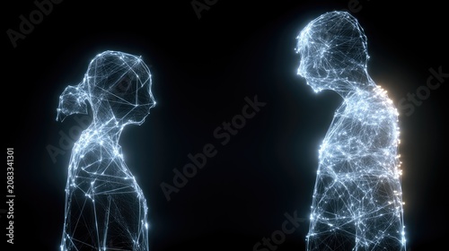 Two glowing, wireframe figures stand facing each other against a stark black background.