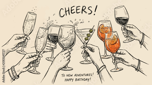 Minimalist hand drawing illustration of hand raising wine glass for a celebratory toast at a birthday party or bachelor event, artistic line art depicting joy and social gathering.