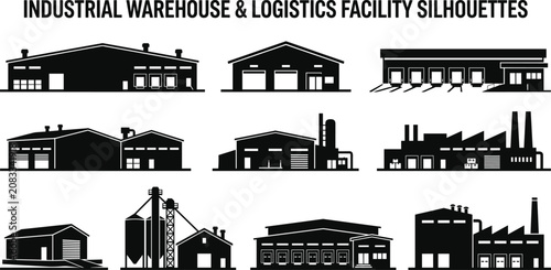 Photos Set of industrial warehouse and logistics facility silhouettes featuring storage buildings and factory icons image_fc79c0