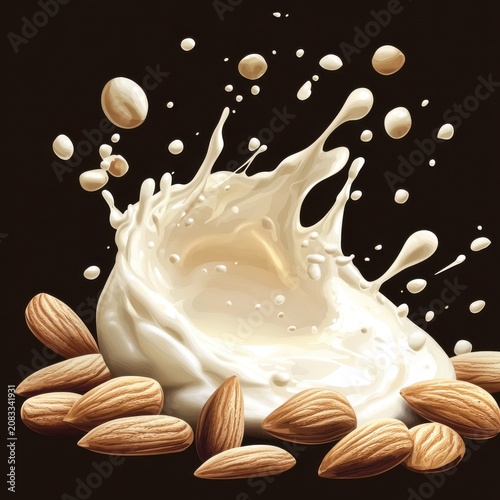 A dynamic splash of almond milk with whole almonds scattered on a dark backdrop enhances the visual appeal.