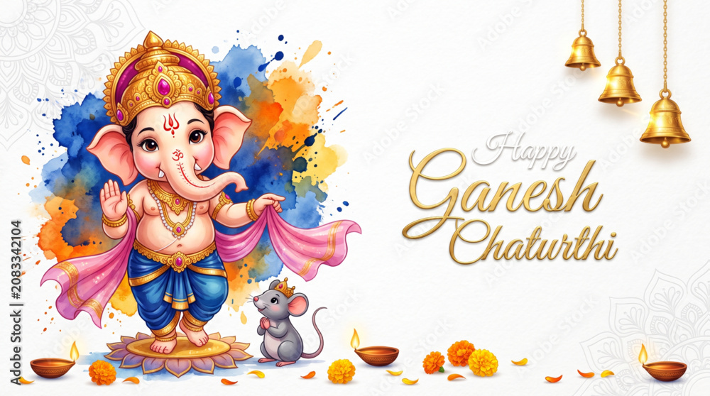Fototapeta premium Cute Baby Lord Ganesha with Mouse and Watercolor Splash for Happy Ganesh Chaturthi Greeting Banner Design