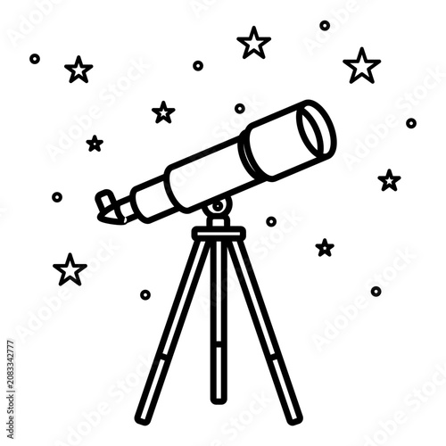 Telescope observing night sky with stars outline illustration