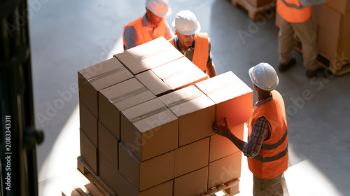 Industrial workers arrange and stack cardboard boxes on a pallet in a warehouse, showcasing teamwork, efficiency, and logistical operations
