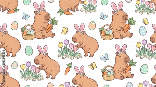Cute capybaras with bunny ears celebrate Easter among tulips, carrots, and eggs