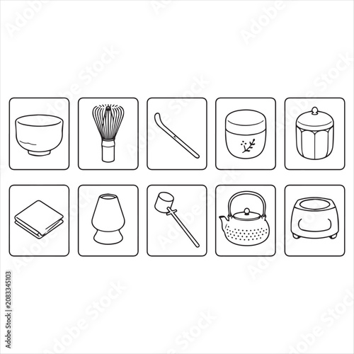 Japanese Tea Ceremony Icon Set Line Drawing
