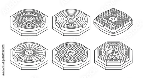 Line art vector illustration of various utility access covers