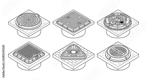 Line art vector illustration of various utility access covers