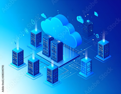 Cloud computing isometric concept with server room and cloud storage vector illustration