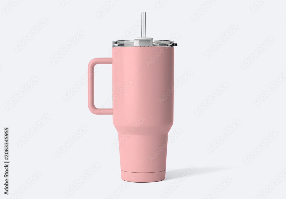 Obraz premium Insulated Stainless Steel Tumbler with Handle and Straw Mockup Isolated on White Background – Reusable Travel Mug for Hot and Cold Drinks